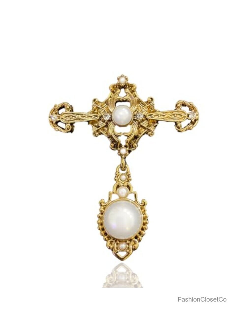 Vintage Gold Pearl Cross Brooch Retro Elegant Pin for Dress Coat Sweater Bridal